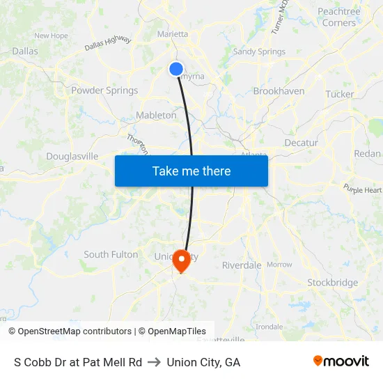 S Cobb Dr at Pat Mell Rd to Union City, GA map