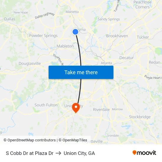 S Cobb Dr at Plaza Dr to Union City, GA map
