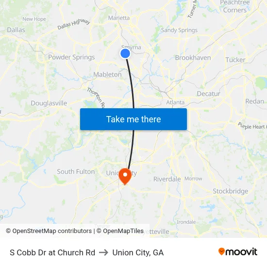 S Cobb Dr at Church Rd to Union City, GA map