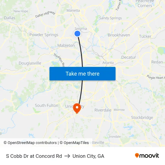 S Cobb Dr at Concord Rd to Union City, GA map