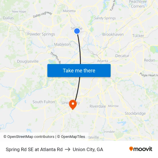 Spring Rd SE at Atlanta Rd to Union City, GA map