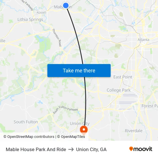Mable House Park And Ride to Union City, GA map