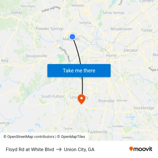 Floyd Rd at White Blvd to Union City, GA map