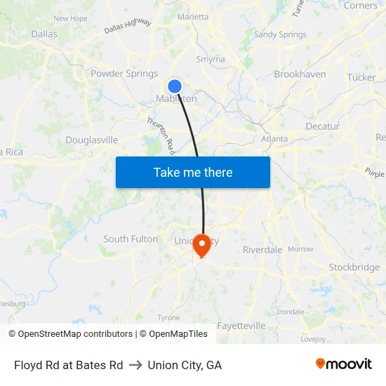 Floyd Rd at Bates Rd to Union City, GA map