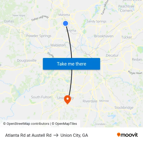 Atlanta Rd at Austell Rd to Union City, GA map