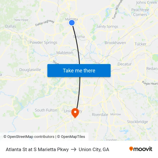 Atlanta St at S Marietta Pkwy to Union City, GA map