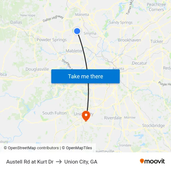Austell Rd at Kurt Dr to Union City, GA map