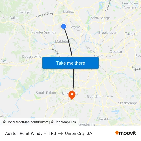 Austell Rd at Windy Hill Rd to Union City, GA map