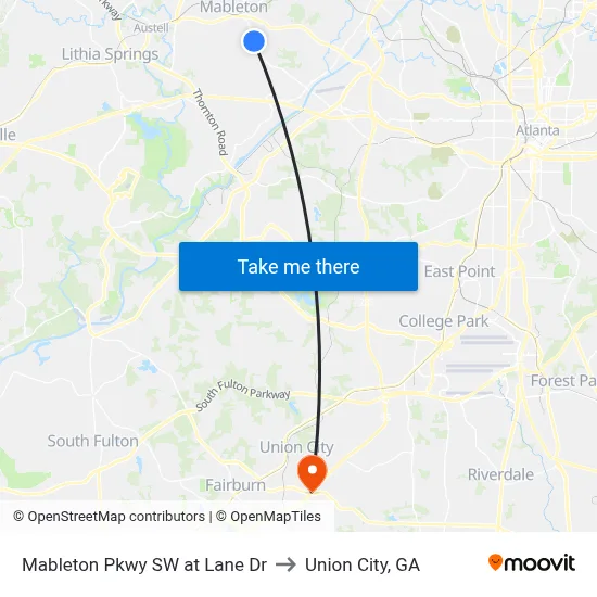 Mableton Pkwy SW at Lane Dr to Union City, GA map