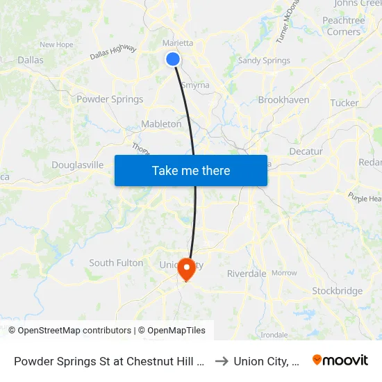 Powder Springs St at Chestnut Hill Rd to Union City, GA map