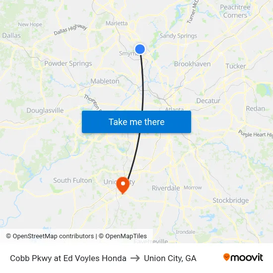 Cobb Pkwy at Ed Voyles Honda to Union City, GA map