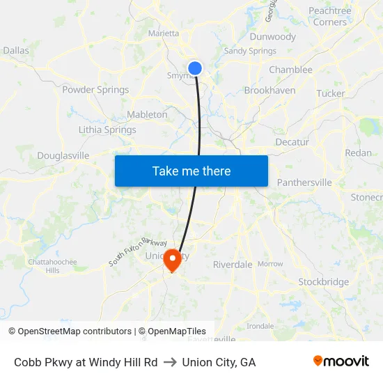 Cobb Pkwy at Windy Hill Rd to Union City, GA map