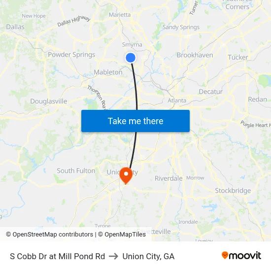 S Cobb Dr at Mill Pond Rd to Union City, GA map