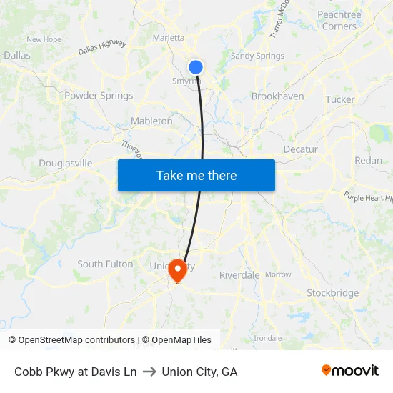 Cobb Pkwy at Davis Ln to Union City, GA map