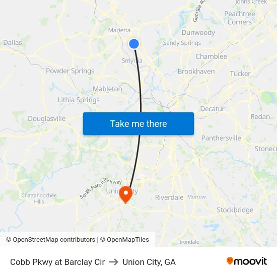 Cobb Pkwy at Barclay Cir to Union City, GA map