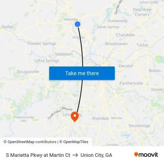 S Marietta Pkwy at Martin Ct to Union City, GA map