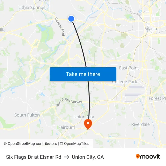 Six Flags Dr at Elsner Rd to Union City, GA map