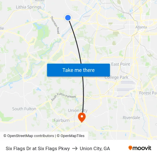 Six Flags Dr at Six Flags Pkwy to Union City, GA map