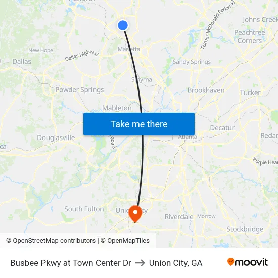 Busbee Pkwy at Town Center Dr to Union City, GA map