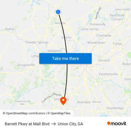 Barrett Pkwy at Mall Blvd to Union City, GA map