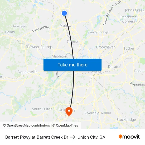Barrett Pkwy at Barrett Creek Dr to Union City, GA map