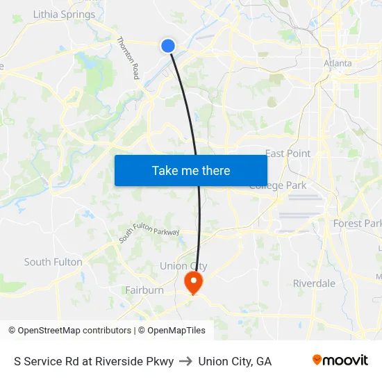 S Service Rd at Riverside Pkwy to Union City, GA map