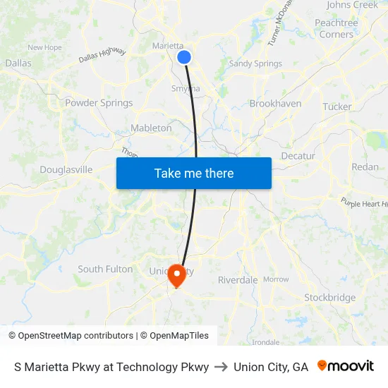 S Marietta Pkwy at Technology Pkwy to Union City, GA map