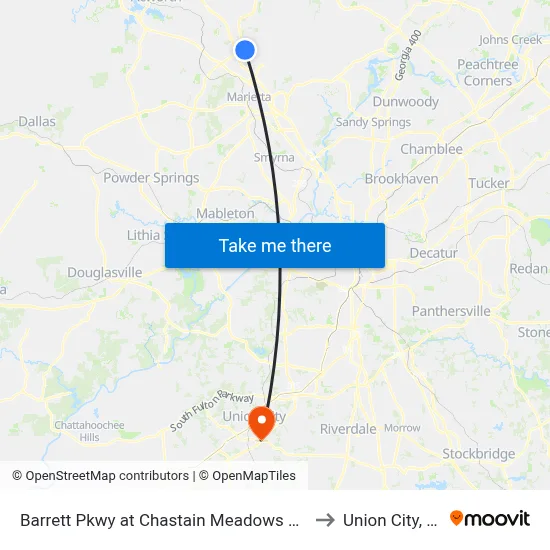 Barrett Pkwy at Chastain Meadows Pkwy to Union City, GA map