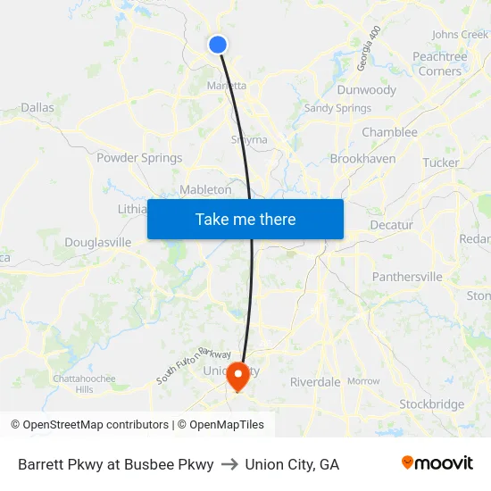 Barrett Pkwy at Busbee Pkwy to Union City, GA map