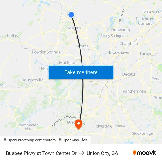 Busbee Pkwy at Town Center Dr to Union City, GA map