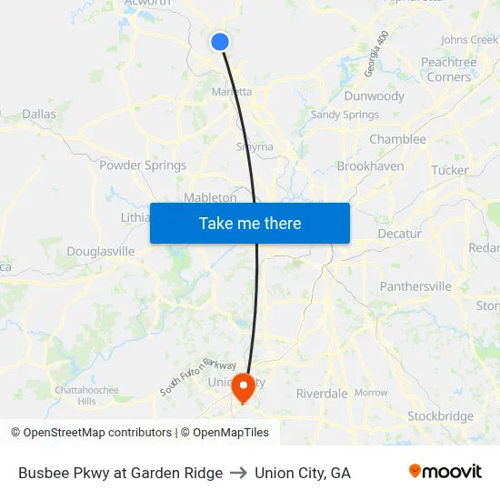 Busbee Pkwy at Garden Ridge to Union City, GA map