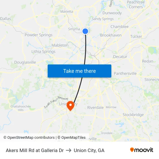 Akers Mill Rd at Galleria Dr to Union City, GA map
