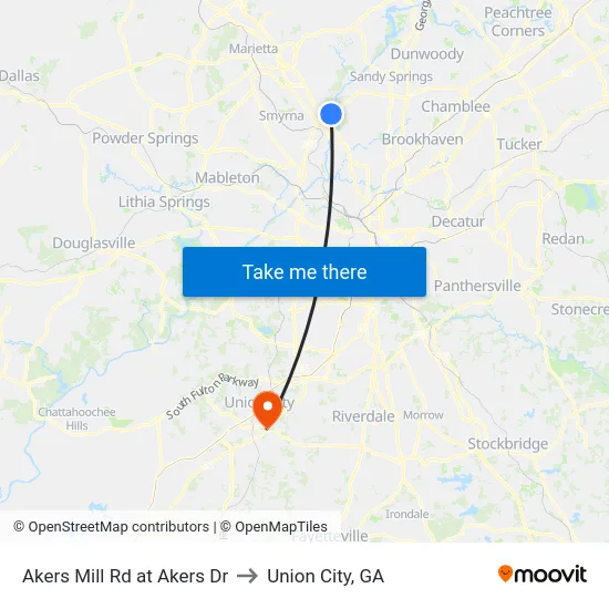 Akers Mill Rd at Akers Dr to Union City, GA map