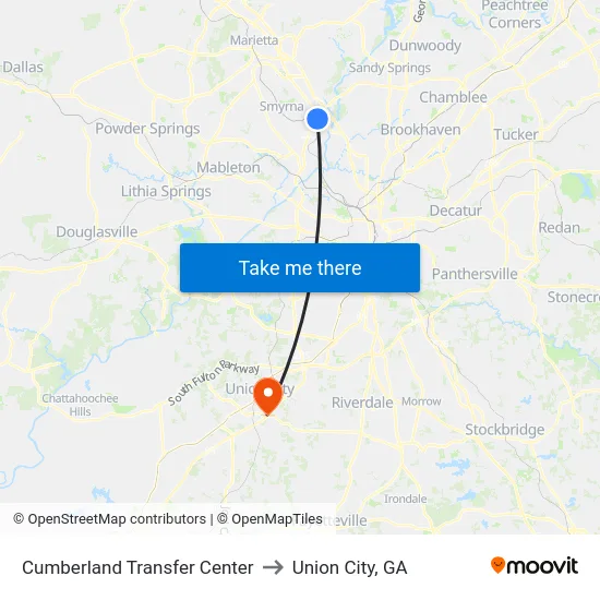 Cumberland Transfer Center to Union City, GA map
