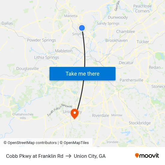 Cobb Pkwy at Franklin Rd to Union City, GA map