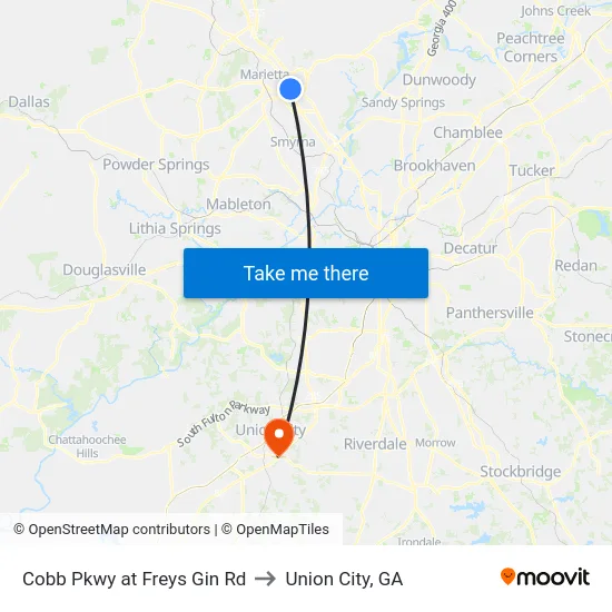 Cobb Pkwy at Freys Gin Rd to Union City, GA map