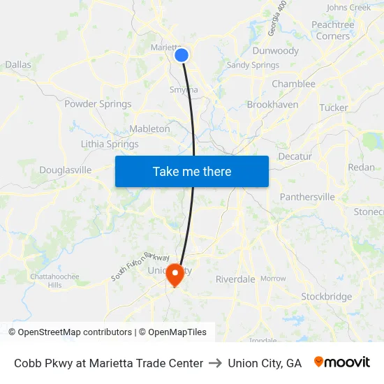 Cobb Pkwy at Marietta Trade Center to Union City, GA map