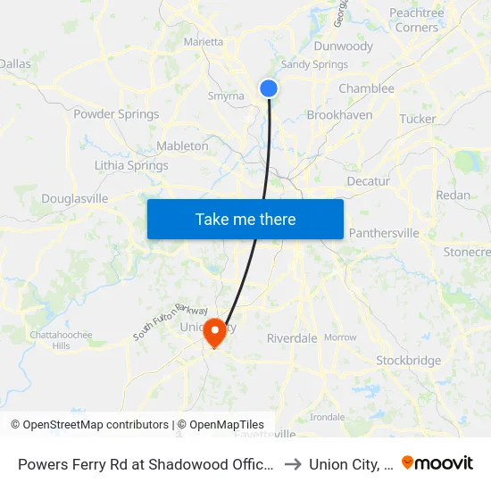 Powers Ferry Rd at Shadowood Office Park to Union City, GA map