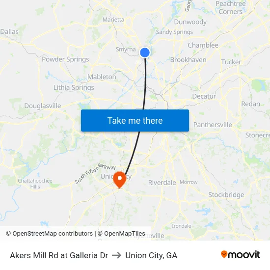Akers Mill Rd at Galleria Dr to Union City, GA map