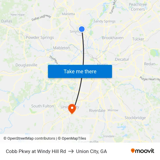 Cobb Pkwy at Windy Hill Rd to Union City, GA map