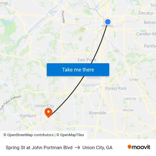 Spring St at John Portman Blvd to Union City, GA map