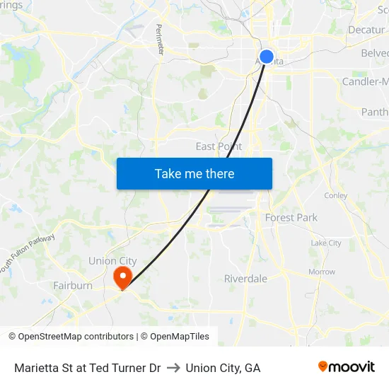 Marietta St at Ted Turner Dr to Union City, GA map