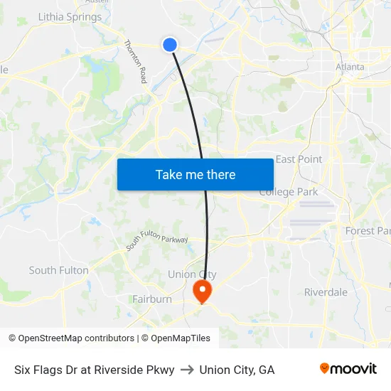 Six Flags Dr at Riverside Pkwy to Union City, GA map