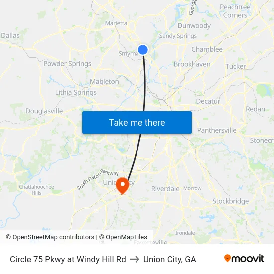 Circle 75 Pkwy at Windy Hill Rd to Union City, GA map