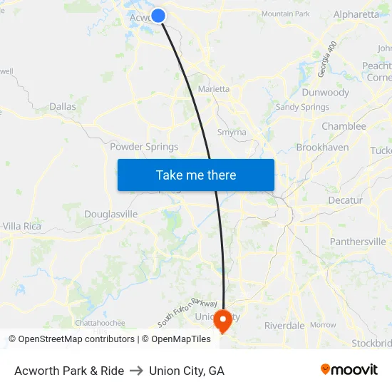 Acworth Park & Ride to Union City, GA map