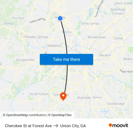 Cherokee St at Forest Ave to Union City, GA map