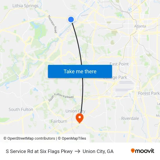 S Service Rd at Six Flags Pkwy to Union City, GA map