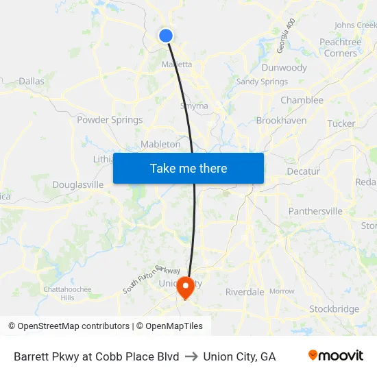 Barrett Pkwy at Cobb Place Blvd to Union City, GA map