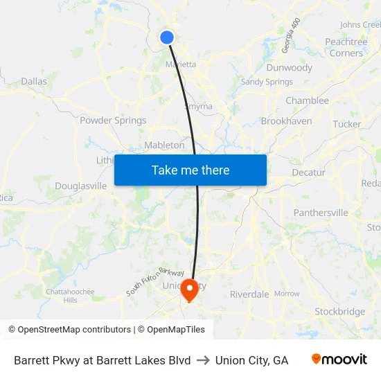 Barrett Pkwy at Barrett Lakes Blvd to Union City, GA map