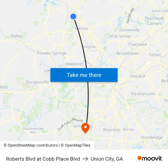 Roberts Blvd at Cobb Place Blvd to Union City, GA map